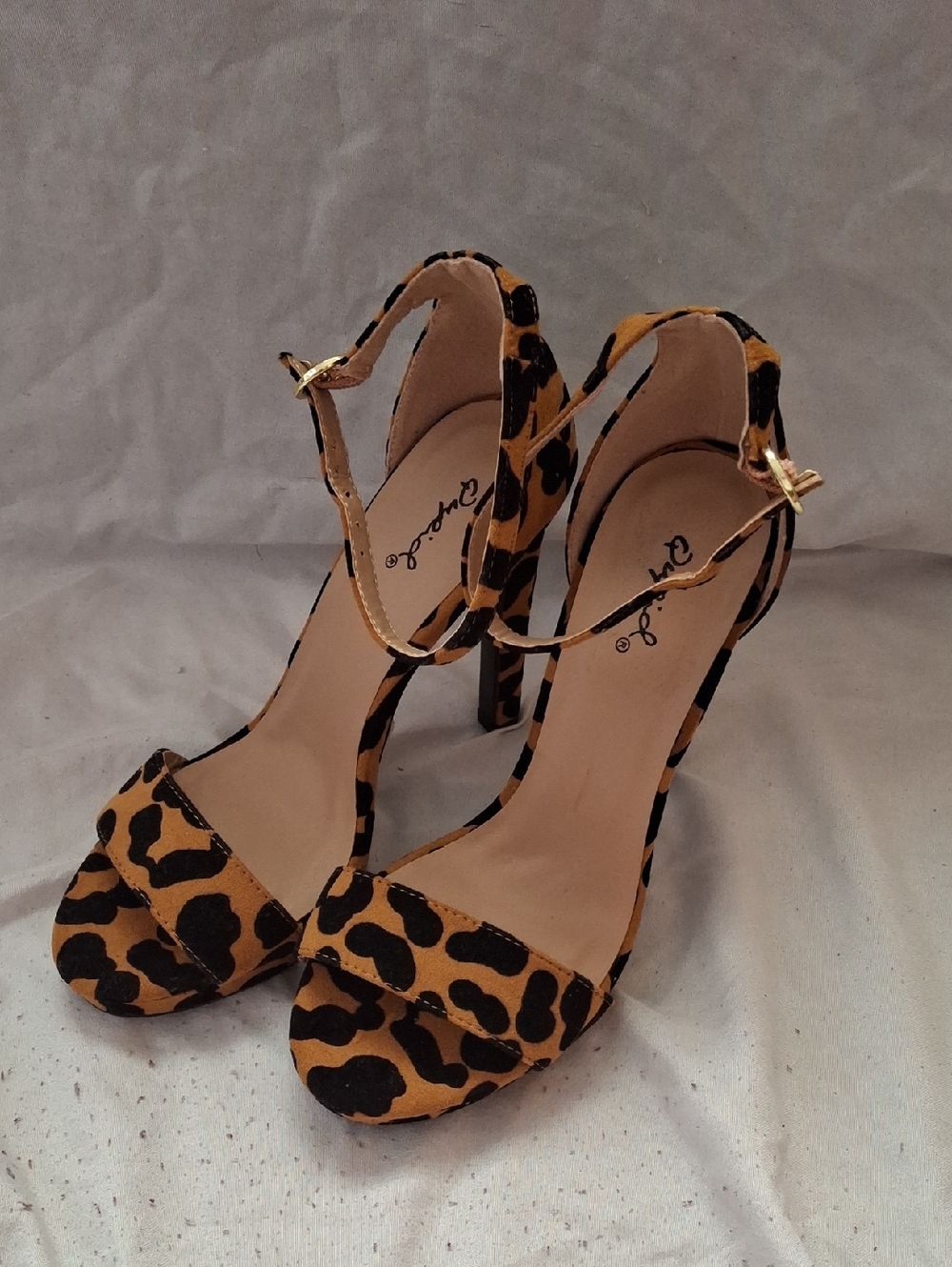 Qupid Leopard Print Ankle-Strap High Heels in Tan and Black